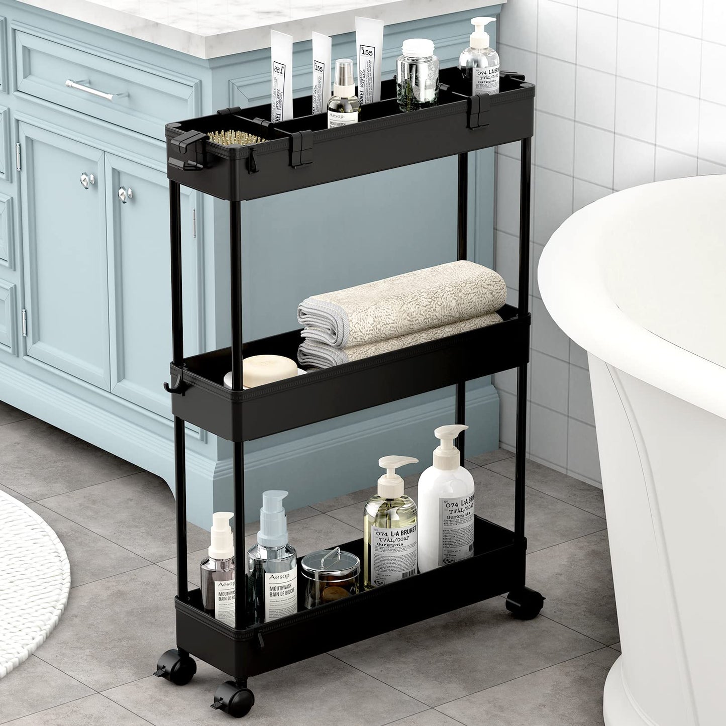 SPACELEAD Slim Storage Cart,3 Tier Bathroom Rolling Utility Cart Storage Organizer Slide Out Cart, Mobile Shelving Unit Organizer Trolley for Office Bathroom Kitchen Laundry Room Narrow Places, Black