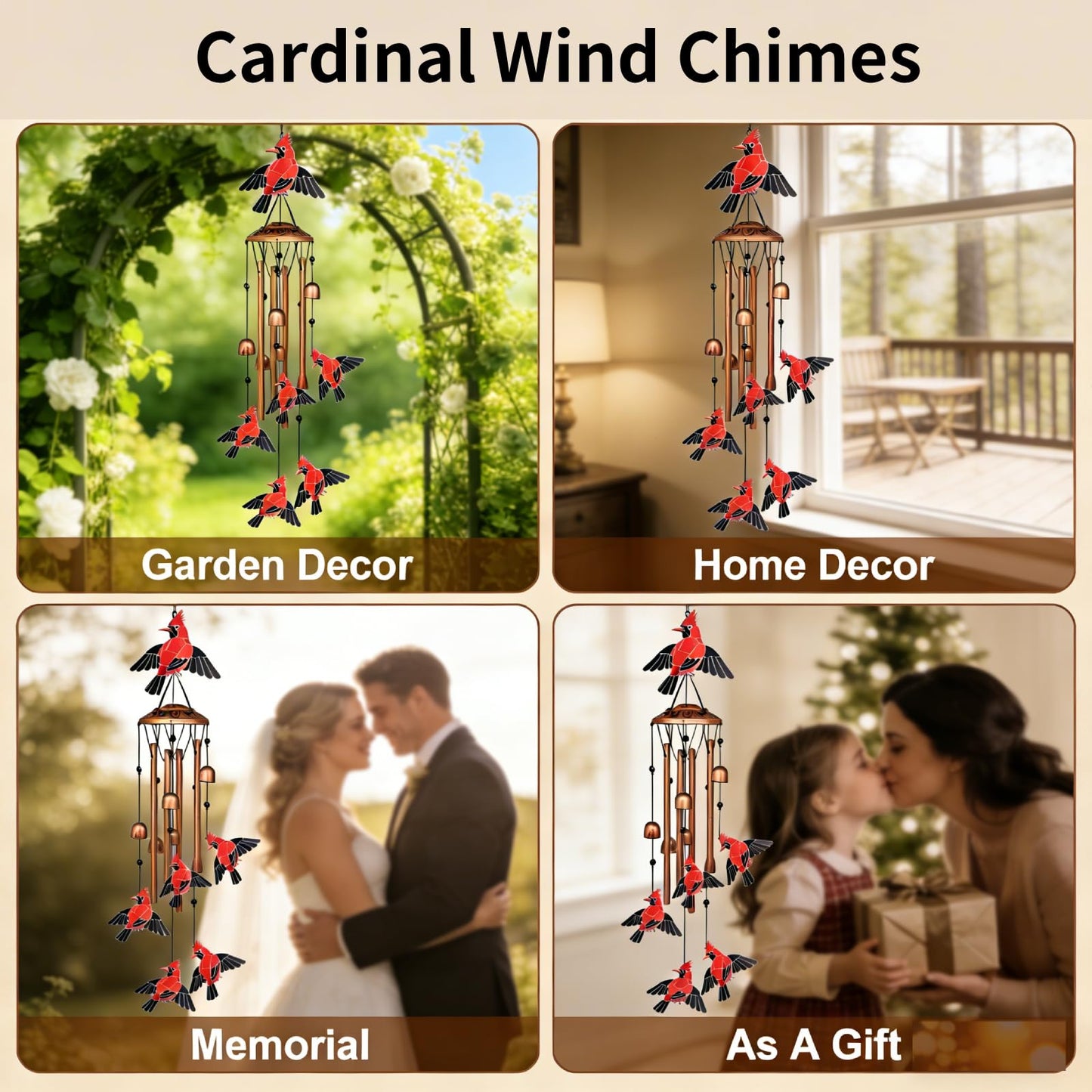 Cardinal Wind Chimes for Outside, Metal Bird Wind Chime with Aluminum Tubes, Garden & Porch Outdoor Decor, Red Cardinal Yard Decoration Gift