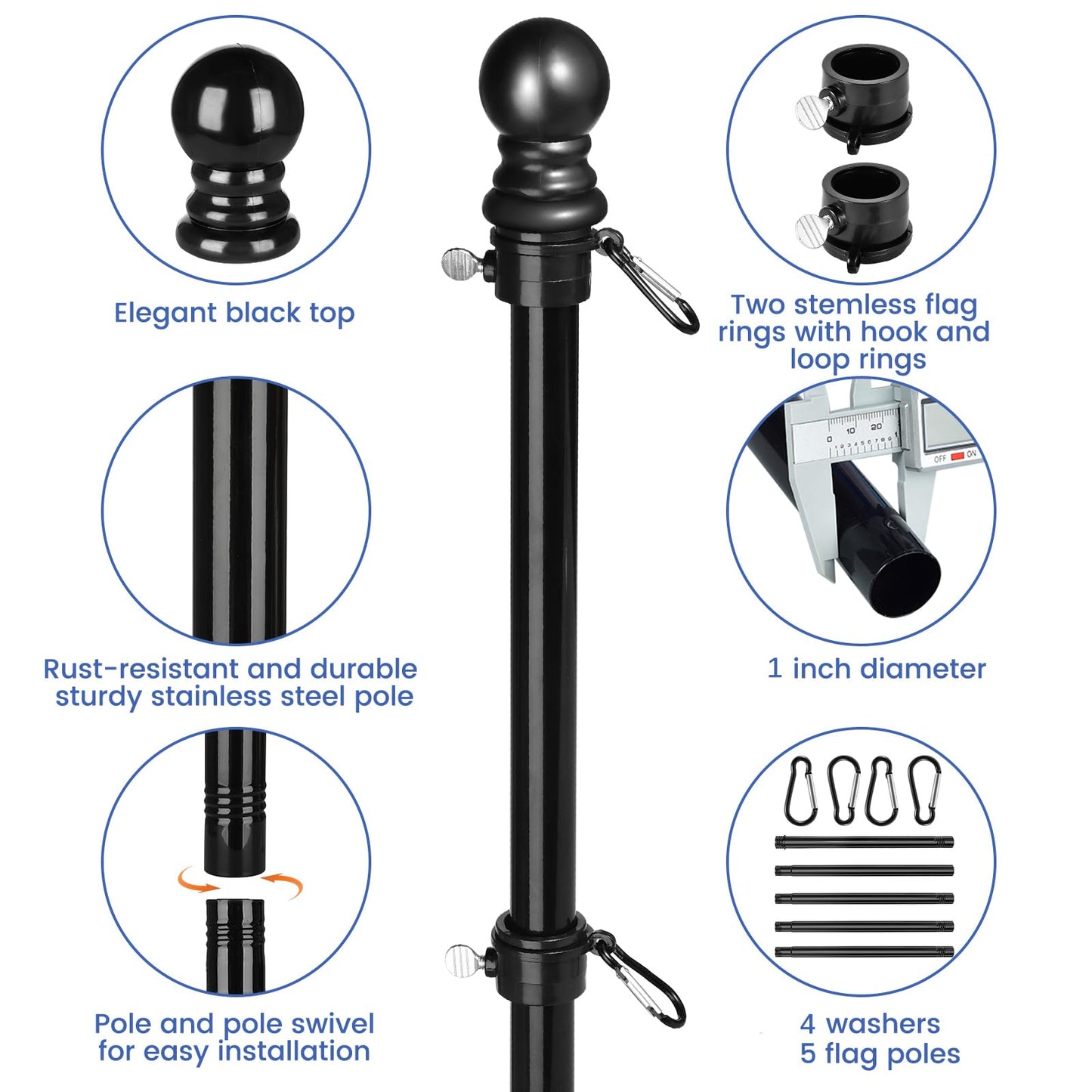 6.5FT Flag Pole for Canada Flag, Flag Poles Outdoor with Bracket, Tangle Free Stainless Steel Flag Pole Kit, Wall Mount and Adjustable Flagpole for Porch, Garden, Patio, Residential or Commercial