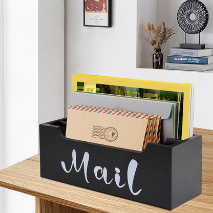 ZBBCTUS Mail Organizer Wall Mounted with 2 Slots & Removable Grids, Black Mail Sorter Basket, Wood Desk Mail Holder Countertop Hanging for Home Office Decor