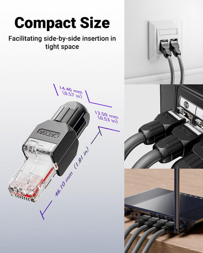 VCELINK CAT6A Tool-Free RJ45 Connector, 10 Gbps, UTP No-Crimp Compact Reusable Plug for Field Termination for 23-26 AWG Ethernet Cables, Black, 6-Pack
