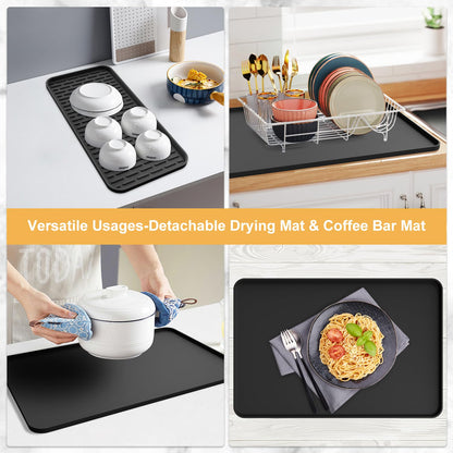 Silicone Coffee Mat,24''x16'' Coffee Bar Mat with Detachable Dish Drying Mat for Kitchen Countertops,Coffee Bar Accessories Fit Under Coffee Maker Coffee Machine Coffee Pot Espresso Machine Dish Rack