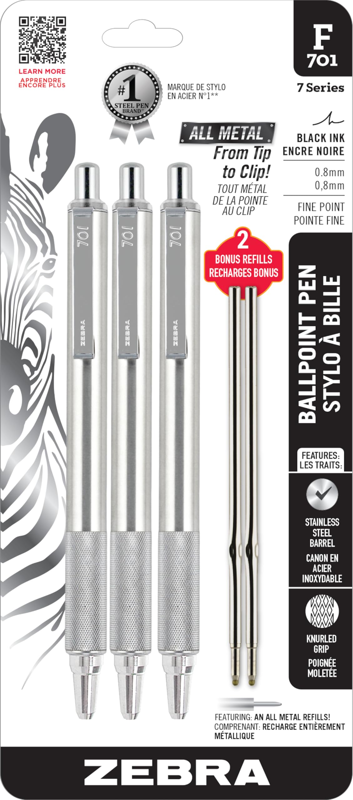 Zebra Pen F-701 Retractable Ballpoint Pen 3-Pack plus 2 Refills, Fine Point 0.8mm, Black Ink, All Metal Durable Construction – Easy-Glide Ink, Knurled Non-Slip Grip, Metal Clip (29412)