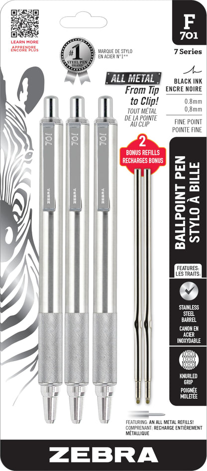Zebra Pen F-701 Retractable Ballpoint Pen 3-Pack plus 2 Refills, Fine Point 0.8mm, Black Ink, All Metal Durable Construction – Easy-Glide Ink, Knurled Non-Slip Grip, Metal Clip (29412)