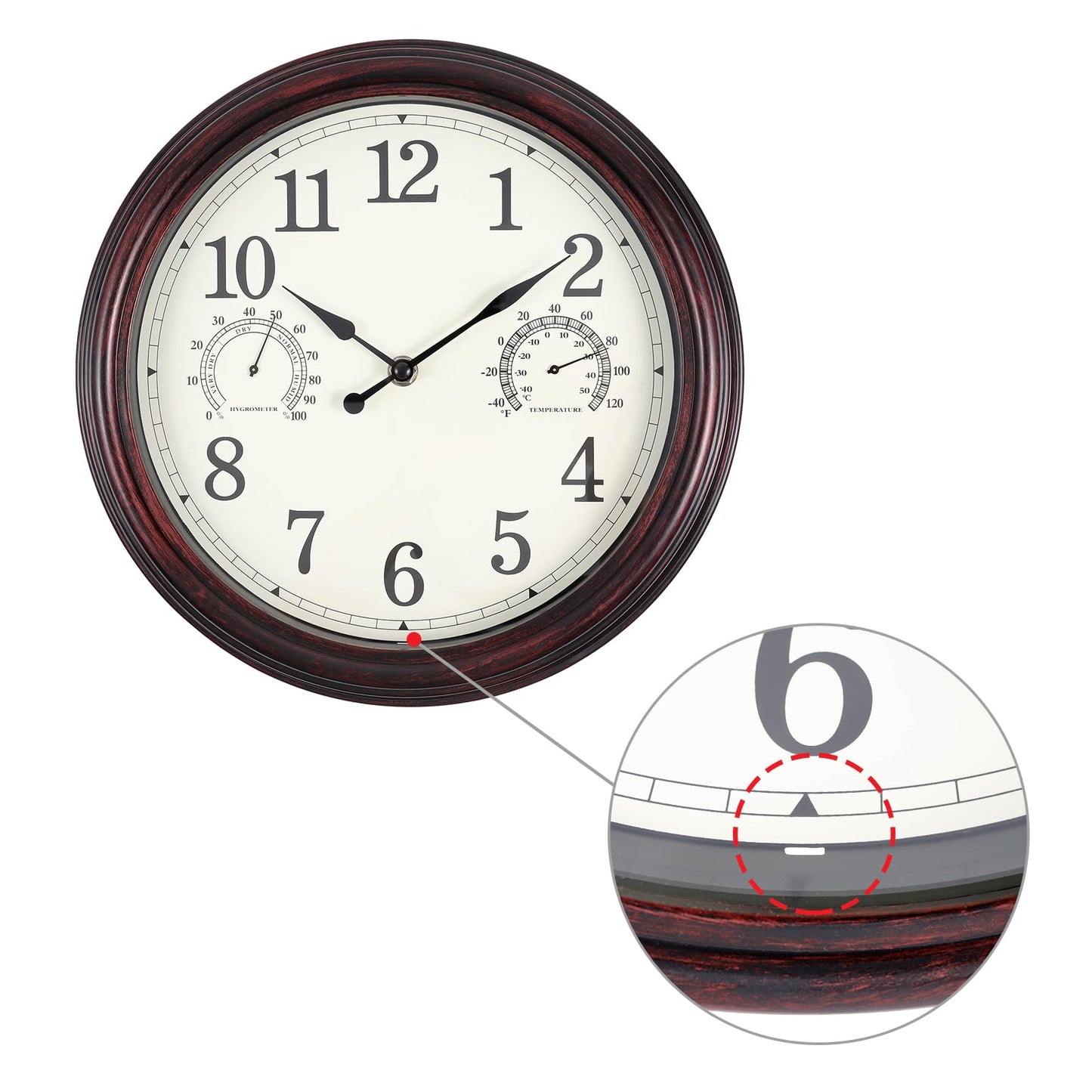 Vigorwise 12 inch Outdoor Wall Clock, Plastic Waterproof Wall Clock with Temperature & Humidity, Water Resistant Wall Clock, Silent Wall Clock for Patio Garden Bathroom, Dark Brown