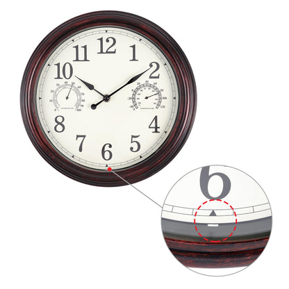 Vigorwise 12 inch Outdoor Wall Clock, Plastic Waterproof Wall Clock with Temperature & Humidity, Water Resistant Wall Clock, Silent Wall Clock for Patio Garden Bathroom, Dark Brown