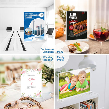 BlueValley Clear Acrylic Sign Holder - 6 Pack 5x7" Double Sided Table Menu Sign Holder Vertical Poster Ad Picture Frame - Plastic Brochure Paper Display Stand for Office Catering Exhibition Event Store Show Fair