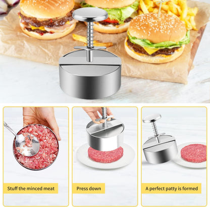 XRZXZN 304 Stainless Steel Burger Press - 4.5" Adjustable Hamburger Patty Maker with Non-Stick Mold & Spring Button, Heavy Duty Easy Release for Beef, Burgers, BBQ (Dishwasher Safe & Rustproof)