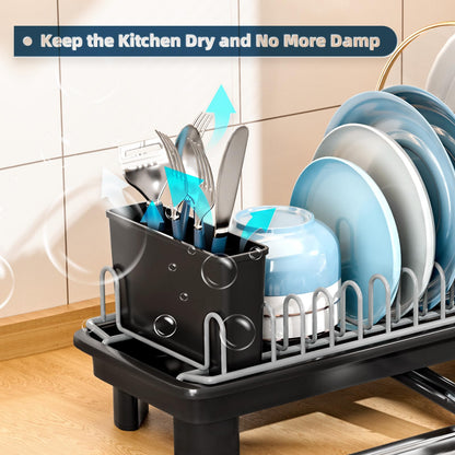 SanDream Small Dish Drying Rack, Compact Dish Rack for Kitchen Counter with Removable Cutlery Holder, 360°Rotating Spout, Multifunctional Stainless Steel Dish Drainer, Space Saving