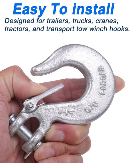 WENHUALI 1/4 Inch Safety Chain Hooks, Clevis Slip Hook with Safety Latch, Grade 70 Forged Steel 12,600 Lb for Trailer Truck Transport Tow Winch Hook Trailer(1/4 Inch, 2 Pack)