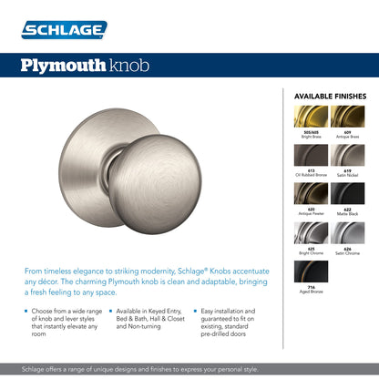 Schlage F10VPLY605 Plymouth Passage Knob, Bright Brass