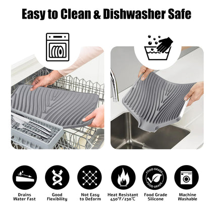 TIKNIK Silicone Dish Drying Mat for Kitchen Counter, Dish Drying Pad, Non-Slip Drain Pad with Built-in Drain, Heat Resistant Stone Drying Mat (16" x 12" / 40 x 30cm, Grey)