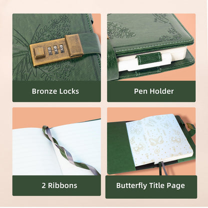 Diary with Lock, Journal for Women Girls, Vintage Refillable Secret Journal, Locking Notebook Gift for Girls with Combination Lock, 5.3'' x 7.8'' (Green)