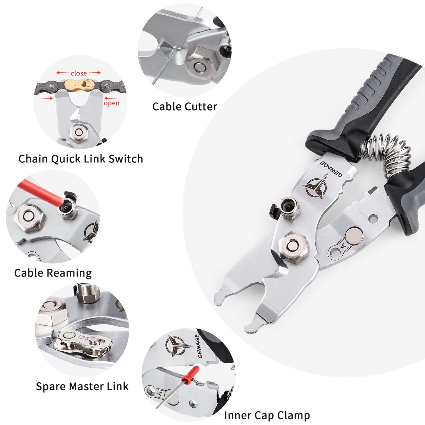 GEWAGE Bike Bicycle Pliers- 5 in 1 Bike Tool Kit for Cable Cutter/Chain Quick Link Switch/Cable Reaming/Spare Master Link/Inner Cap Clamp - Professional Bicycle Tool with Bicycle Missing Link