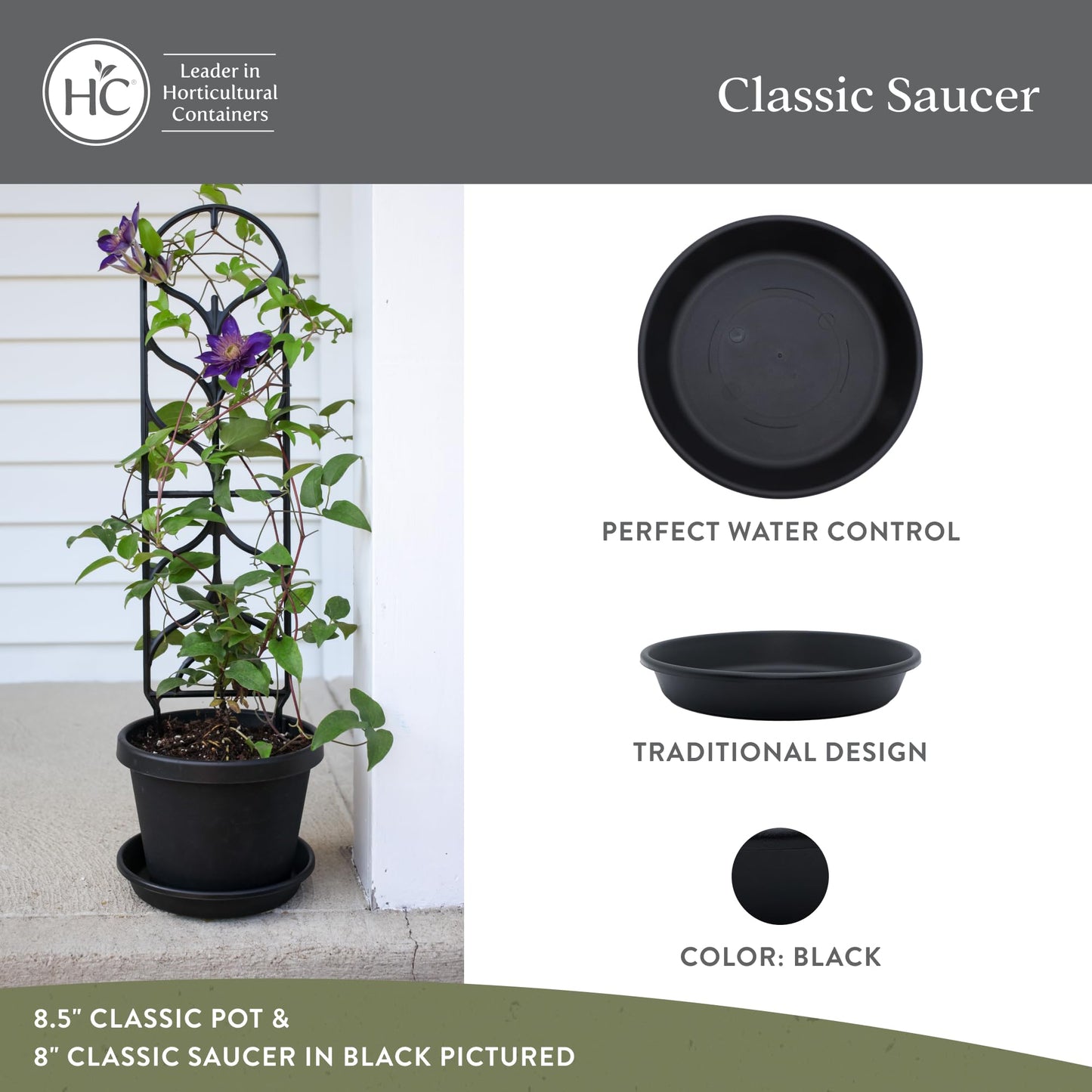 The HC Companies 12 Inch Round Plastic Classic Plant Saucer - Indoor Outdoor Plant Trays for Pots - 12.5"x12.5"x2.13" Black (Pack of 2)