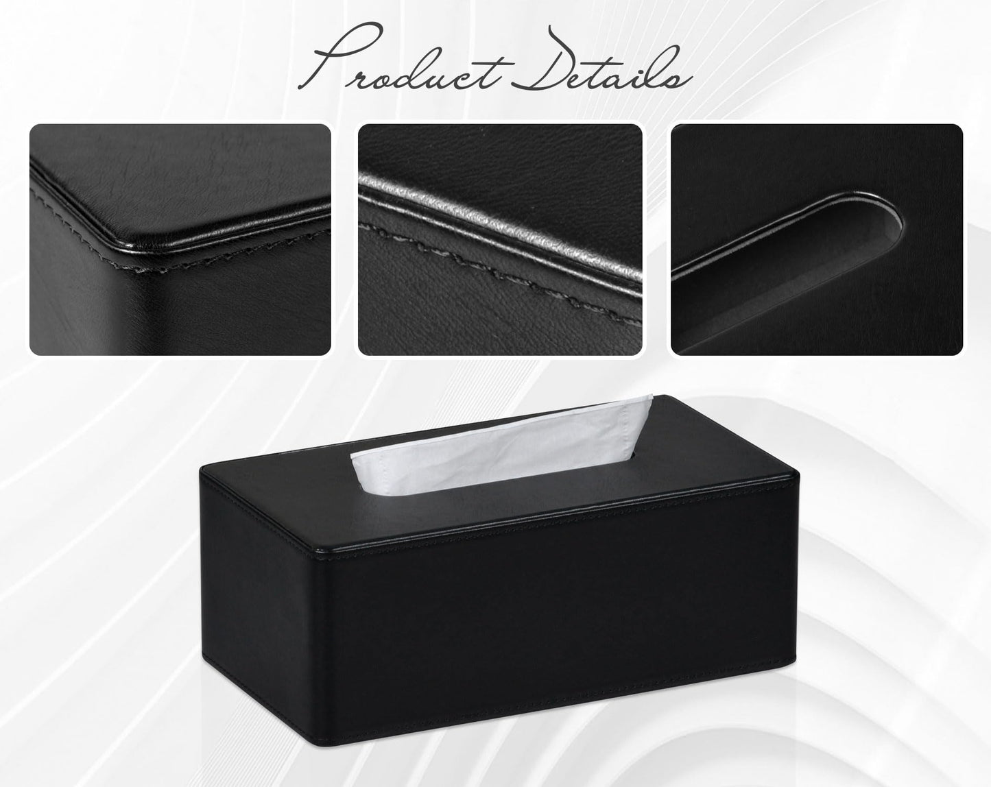 Tissue Box Cover Rectangular PU Leather Facial Tissue Dispenser Box Holder for Dresser Bathroom Decor (Black)