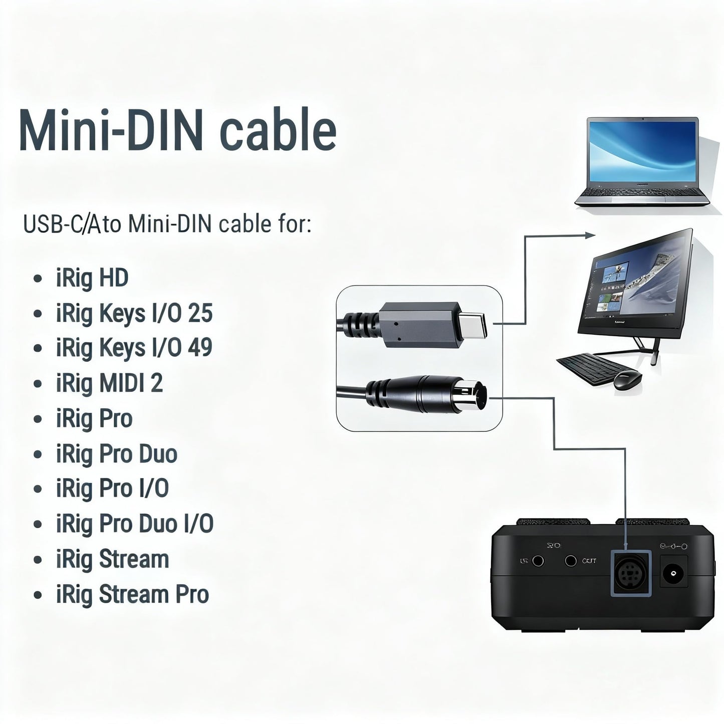 Xiusiyt USB-C to Mini-din 7 Male Cable for IK Multimedia iRig Series, iRig HD,iRig HD-A,iRig Keys, iRig I/O 25/49,iRig MIDI 2 Pro,iRig Pro Duo,iRig Pro I/O Stream(USB-C,5.9FT)