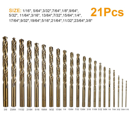 Sinyeenglon Cobalt Drill Bit Set for Hardened Metal and Stainless Steel, 21Pcs M35 High Speed Steel Twist Jobber Drill Bits 1/16"-3/8", with Metal Index Storage Box