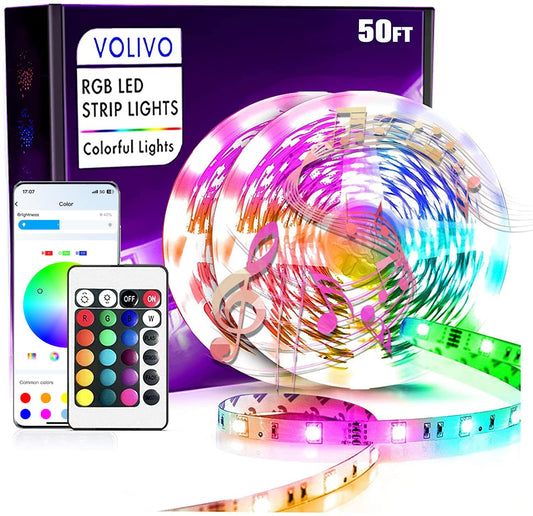 Volivo USB Led Strip Lights 50ft, Bluetooth Led Lights with App Control and IR Remote, Color Changing RGB Led Lights for Bedroom/Room Decor/Gaming Lighting