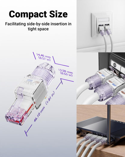VCELINK CAT6 Tool-Free RJ45 Connector, No-Crimp Compact UTP Reusable Plug for Field Termination for 23-26 AWG Ethernet Cables, 1000 Mbps, Transparent Purple, 6-Pack