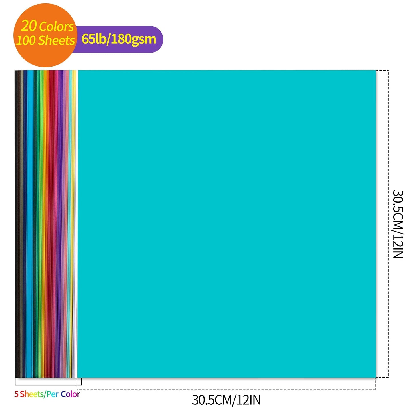 Colored Cardstock - 12 x 12 inch / 100 Sheets / 20 Colors Paper 65lb 180g UAP10