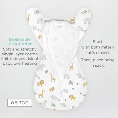 Amazing Baby Transitional Swaddle Sack, Arms Up Half-Length Sleeves & Mitten Cuffs, Swaddle for Newborn Transition to Baby Sleep Sack Wearable Blanket, Medium, 3-6 Month, 14-21 lb, On Safari