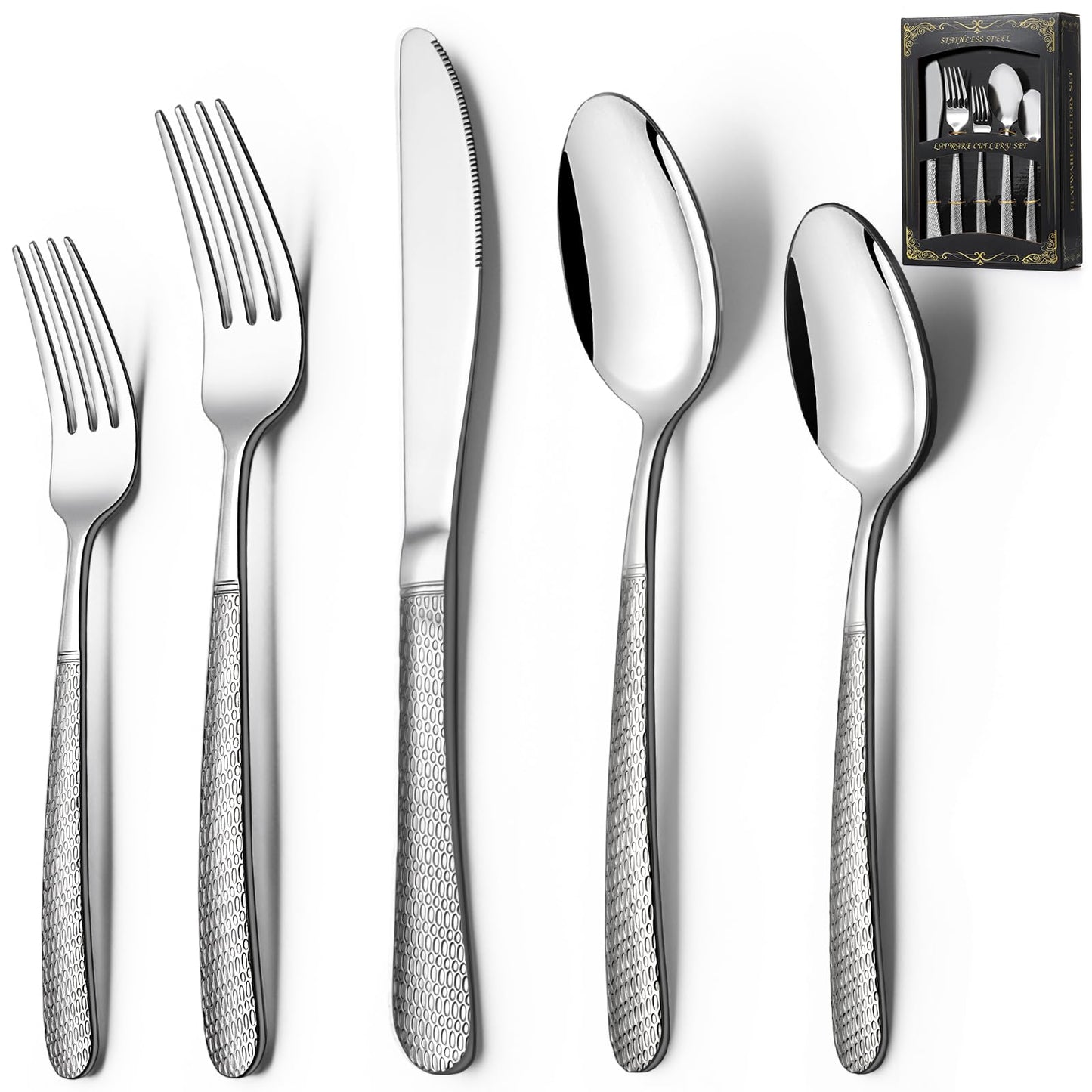 40-Piece Hammered Silverware Set, Stainless Steel Heavy Duty Flatware Set for 8, Food-Grade Tableware Cutlery Set, Utensil Sets for Home Restaurant, Mirror Finish, Dishwasher Safe
