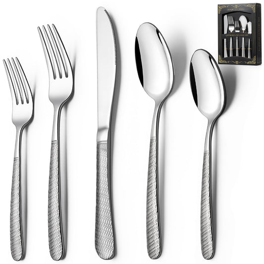 40-Piece Hammered Silverware Set, Stainless Steel Heavy Duty Flatware Set for 8, Food-Grade Tableware Cutlery Set, Utensil Sets for Home Restaurant, Mirror Finish, Dishwasher Safe