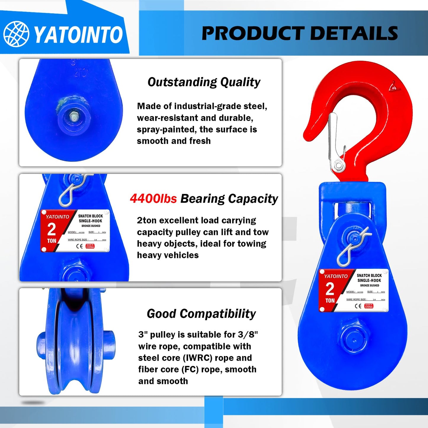YATOINTO 2 ton Snatch Block with Hook, 3" Sheave 3/8" Inch Wire Rope Snatch Block, 4400lbs Snatch Pulley for Rollback Wrecker Car Hauler Winch