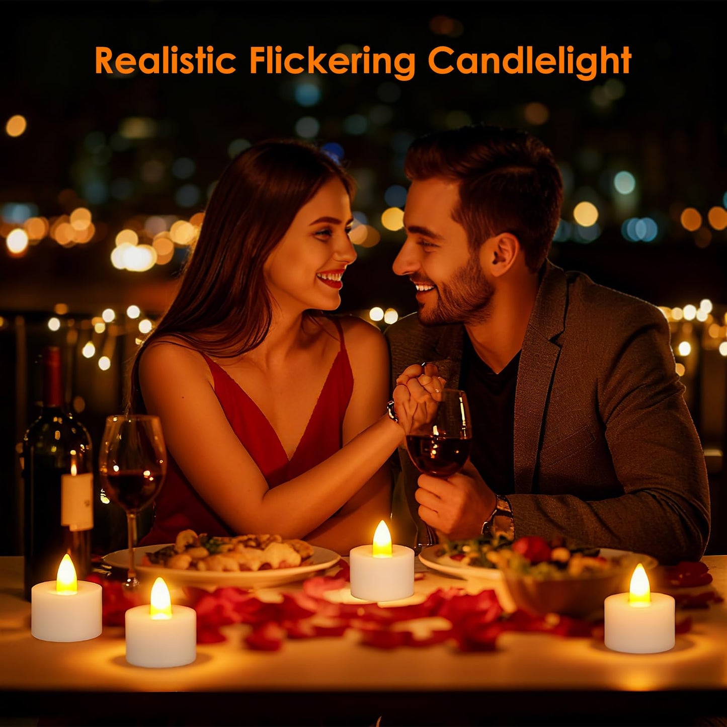 Ropelux 4 Rechargeable Tea Lights with Charging Base,Realistic Flickering Dimmable LED Candles with Remote Control Timer in Warm Yellow for Christmas,Weddings, Parties, Festivals (with Cable, 4)