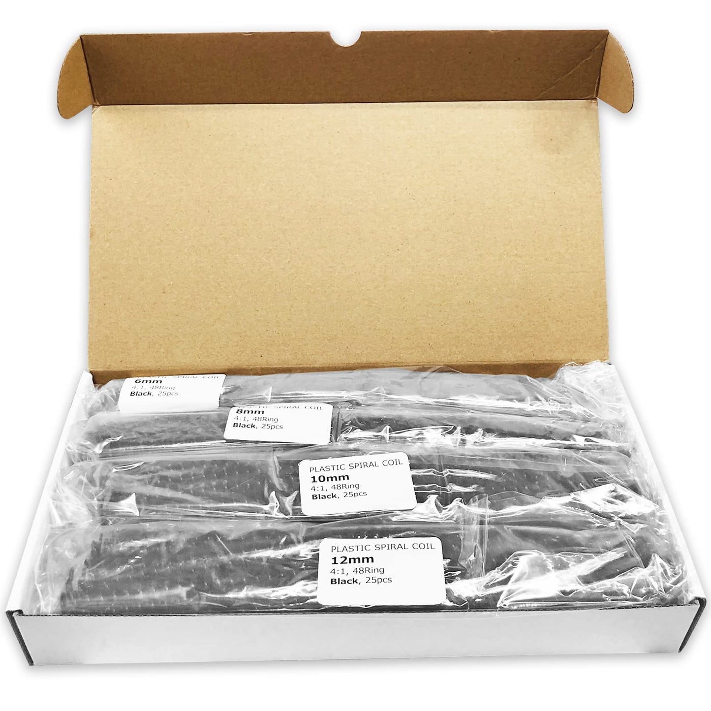 Binditek 100 Pack Plastic Spiral Binding Coils, Multi Size (6mm, 8mm, 10mm, 12mm) (1/4", 5/16", 3/8", 1/2"), 4:1 Pitch, Black, for Students and Coworkers