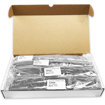 Binditek 100 Pack Plastic Spiral Binding Coils, Multi Size (6mm, 8mm, 10mm, 12mm) (1/4", 5/16", 3/8", 1/2"), 4:1 Pitch, Black, for Students and Coworkers