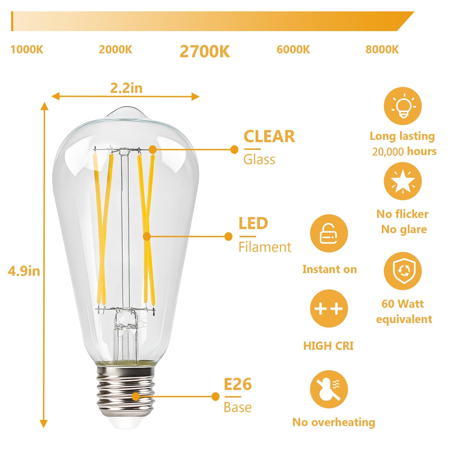 Vintage Edison Bulbs, 60 watt Equivalent, Non-Dimmable, High Brightness Warm White 2700K, 6W,ST58 Antique LED Filament Bulbs with 85+ CRI, E26 Medium Base Led Lights for Bedroom（6 Pack）