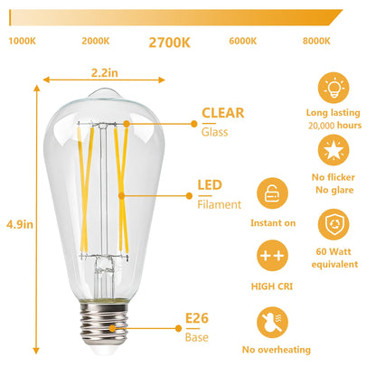 Vintage Edison Bulbs, 60 watt Equivalent, Non-Dimmable, High Brightness Warm White 2700K, 6W,ST58 Antique LED Filament Bulbs with 85+ CRI, E26 Medium Base Led Lights for Bedroom（6 Pack）