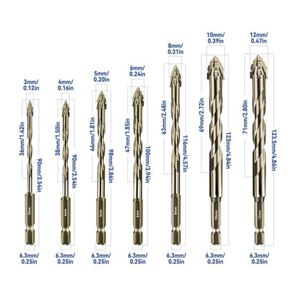 Four-Flute Sawtooth Eccentric Drill Bit, Multifunction Drill Bit Set High Hardness Skewed Head Eccentric Drill (Yellow,7PC: 3/4/5/6/8/10/12MM)