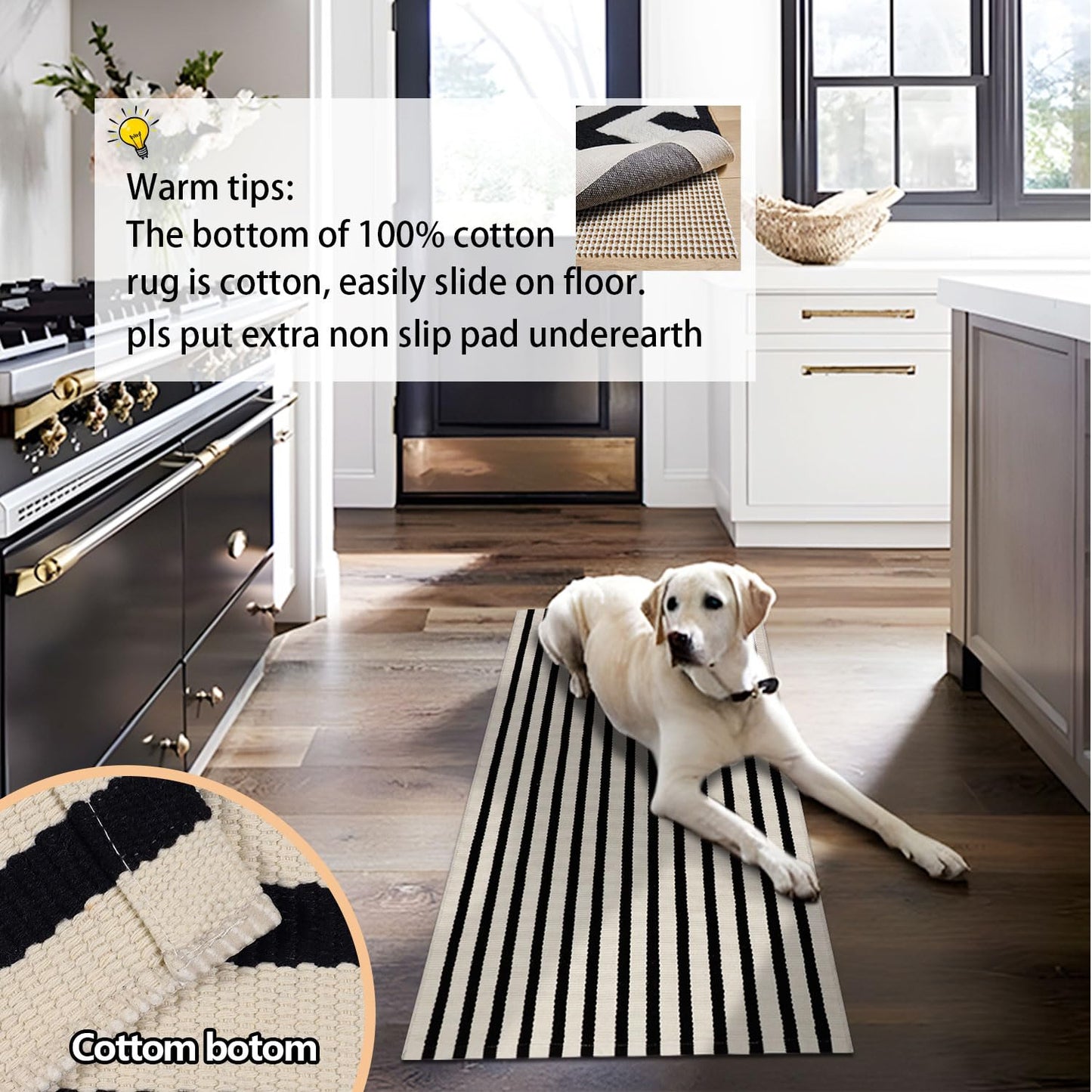 Rustaa Black and Beige Front Door Mat Outdoor Cotton Welcome Mat Outdoor Farmhouse Layered Mat Washable Stripe Outdoor Mats for Entrance Front Door Porch Balcony(2x4.2ft)