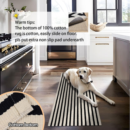 Rustaa Black and Beige Front Door Mat Outdoor Cotton Welcome Mat Outdoor Farmhouse Layered Mat Washable Stripe Outdoor Mats for Entrance Front Door Porch Balcony(2x4.2ft)