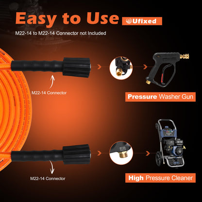 1/4 Pressure Washer Hose 25FT 3600 PSI, Ufixed Power Washer Hose Kink Free High Pressure Hose M22 14MM Solid Brass Fittings Pressur Washer Replacement Hose Light Weight Orange-red