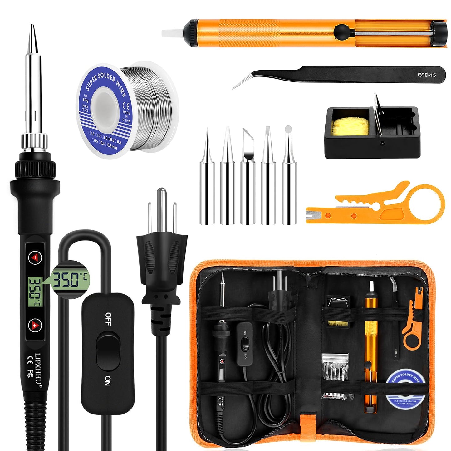 Soldering Iron Kit 80W LCD Adjustable Temperature 180-520℃ Solder Kit Electronics 12 in 1 Welding Tools with ON/Off Switch, Solder Wire, 5 Soldering Tips, Desoldering Pump, Stand, Tweezers