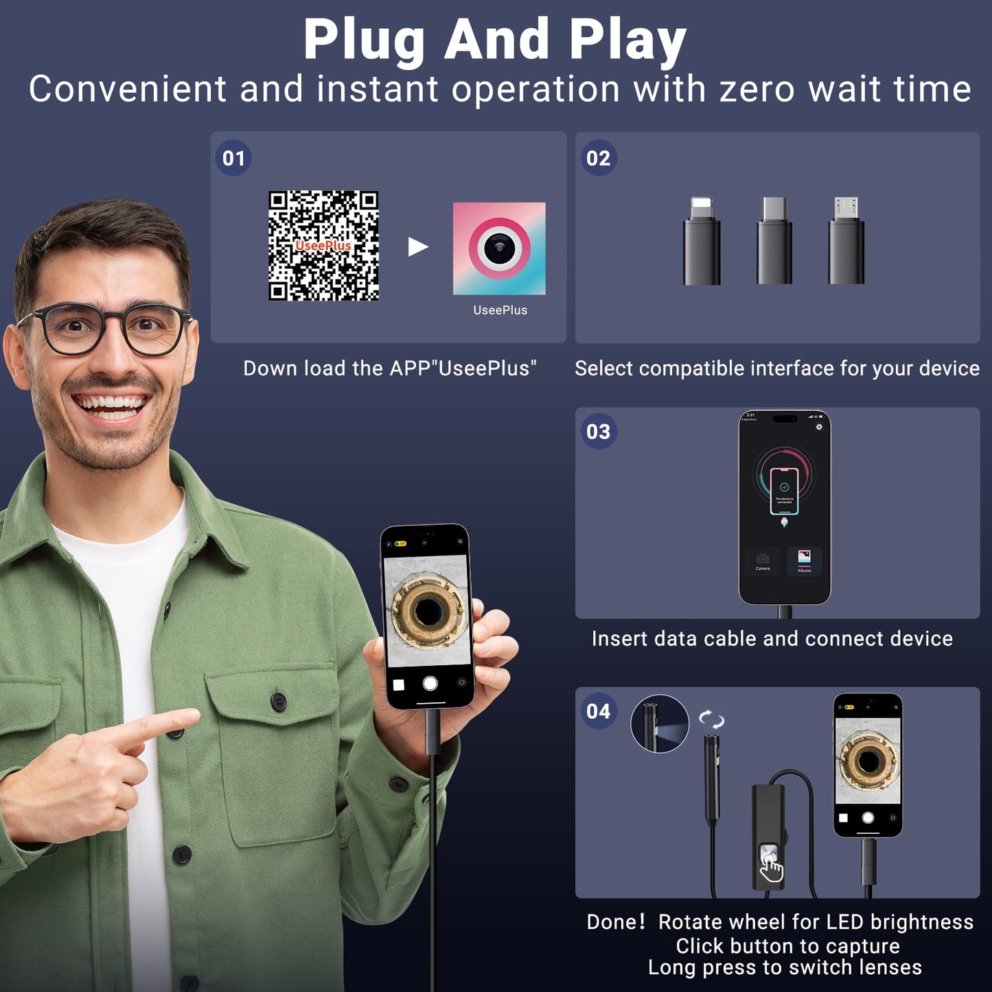 Preciva Endoscope Camera with Dual Lenses, 1920P HD Borescope Camera with 8 Adjustable LED Lights, 16.5ft Semi-Rigid for iOS and Android