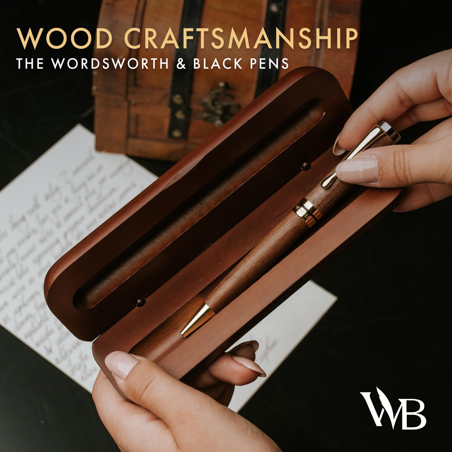 Wordsworth and Black Ballpoint Pen Set - Stunning Luxury Pen Bamboo Brownwood Gold Finish, Refillable, Best Ball Pen for Men & Women, Black Ink Refill, Elegant, Point Pen