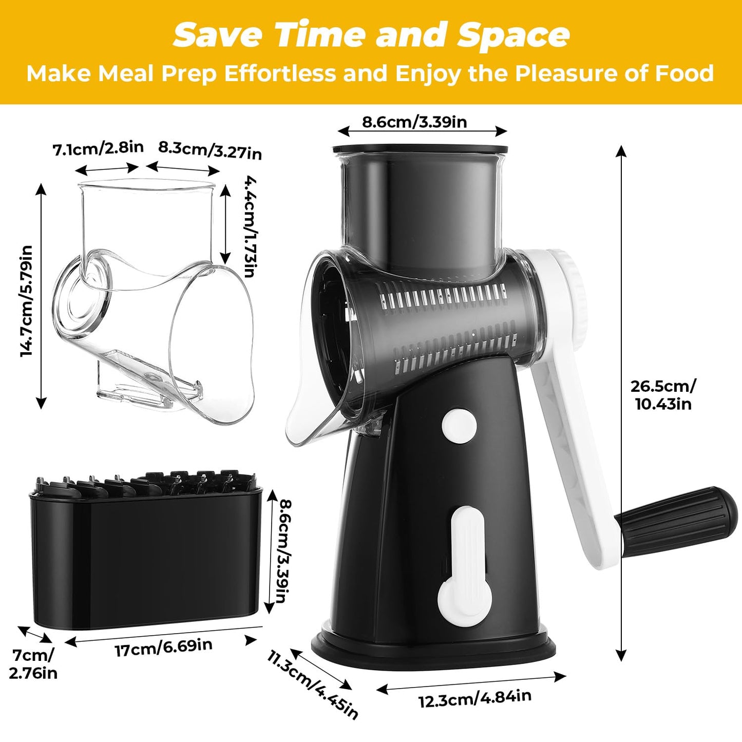 Vihoom Rotary Cheese Grater, 5 in 1 Interchangeable Blades Cheese Shredder, Mandoline Slicer for Kitchen with Cleaning Brush & Bonus Storage Box for Blades (Black)