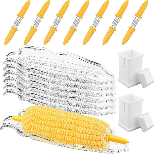 22Pcs Corn Cob Holders with Corn Trays Set, with 2 Corn Butter Spreaders Transparent Service Tray Corn Dish Plastic Corn Trays Corn on The Cob Skewer BBQ Tool Cob Dinnerware for Sweet Butter Corn