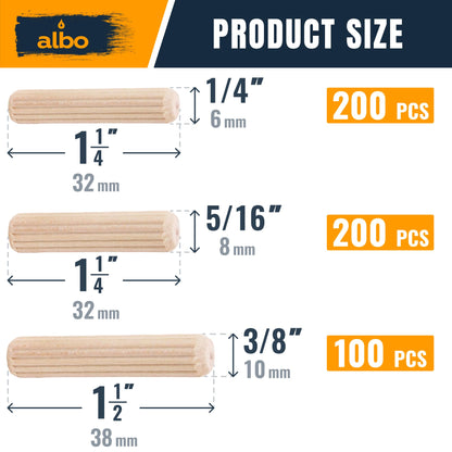 ALBO Wooden Dowel Pins 1/4 + 5/16 + 3/8 inch Fluted Wood Dowels Rods 500 Pack Hardwood Crafts Dowel Pegs
