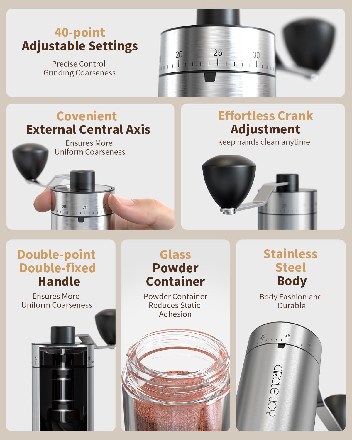 CIRCLE JOY Manual Coffee Grinder with 40 Adjustable Settings, High Precision Stainless Steel Hand Coffee Bean Mill for Aeropress, Espresso, Portable Conical Burr Coffee Grinder for Home, Office