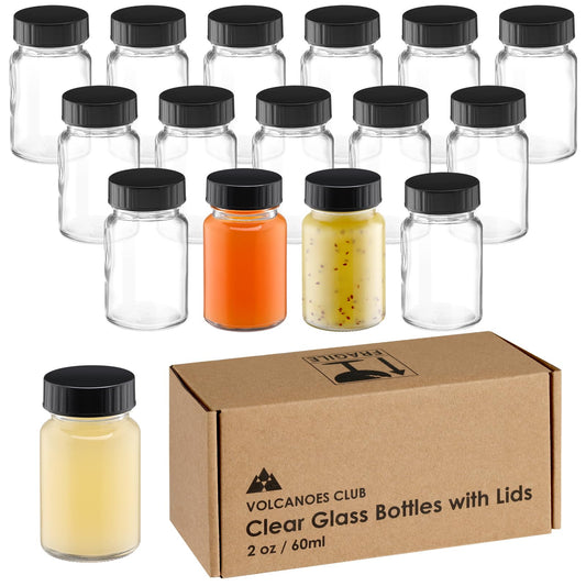 VOLCANOES CLUB 2oz Glass Jars with Lids - Glass Shot Bottles Set for Liquids, Juicing, Ginger Shot, Sample - Small Containers with Screw Caps - Mini Round Bottles - Leakproof/Wide Mouth - 12Pack
