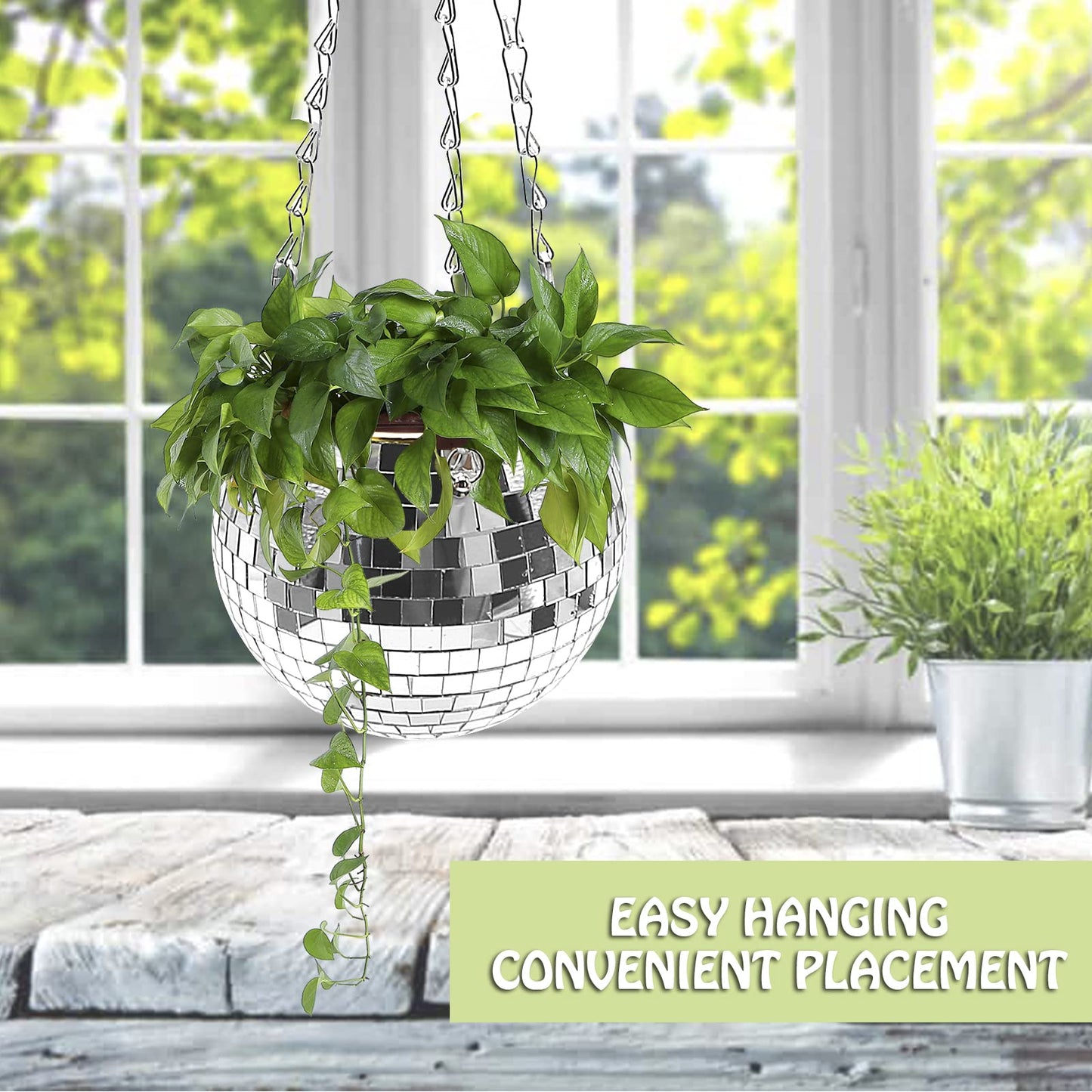Anxingo Disco Ball Planter with Chain, 6" Hanging Disco Ball Planter with Chain Mirror Disco Plant Holder Plant Pot Hanging Flower Pot Gardening Pots for Indoor Outdoor Plants, 6 inch, Sliver