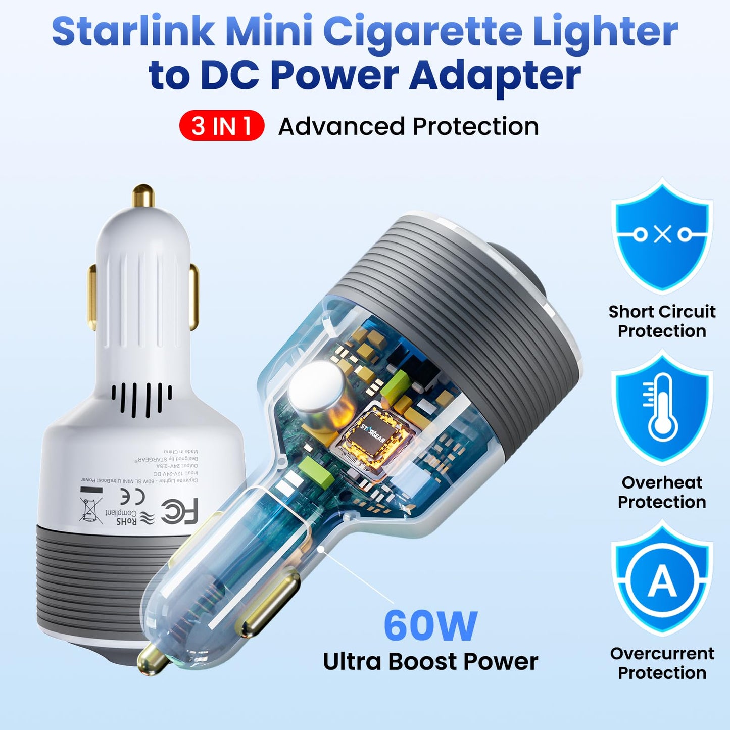Starlink Mini Car Adapter - 12V to 24V DC Step Up Converter with 60W Car Cigarette Lighter Adapter, Starlink Mini 12V Adapters Supports Official 30M Starlinks Cable