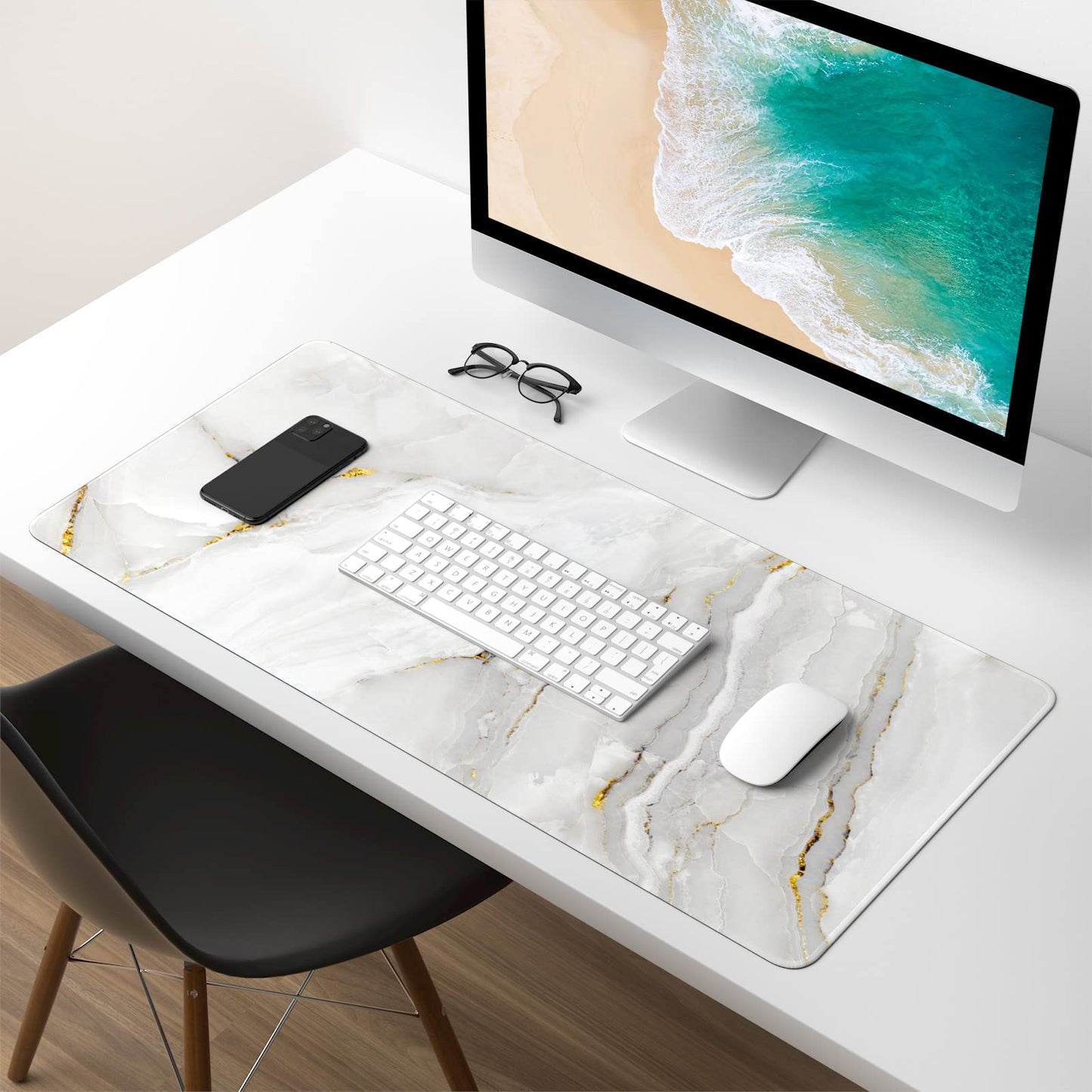 Atufsuat Extended Gaming Mouse Pad, XXL Large Desk Pad 30 x 14 Inch, Big Computer Keyboard Mousepad, Waterproof Mouse Mat with Stitched Edges and Non-Slip Base for Women Office Gaming, White Marble