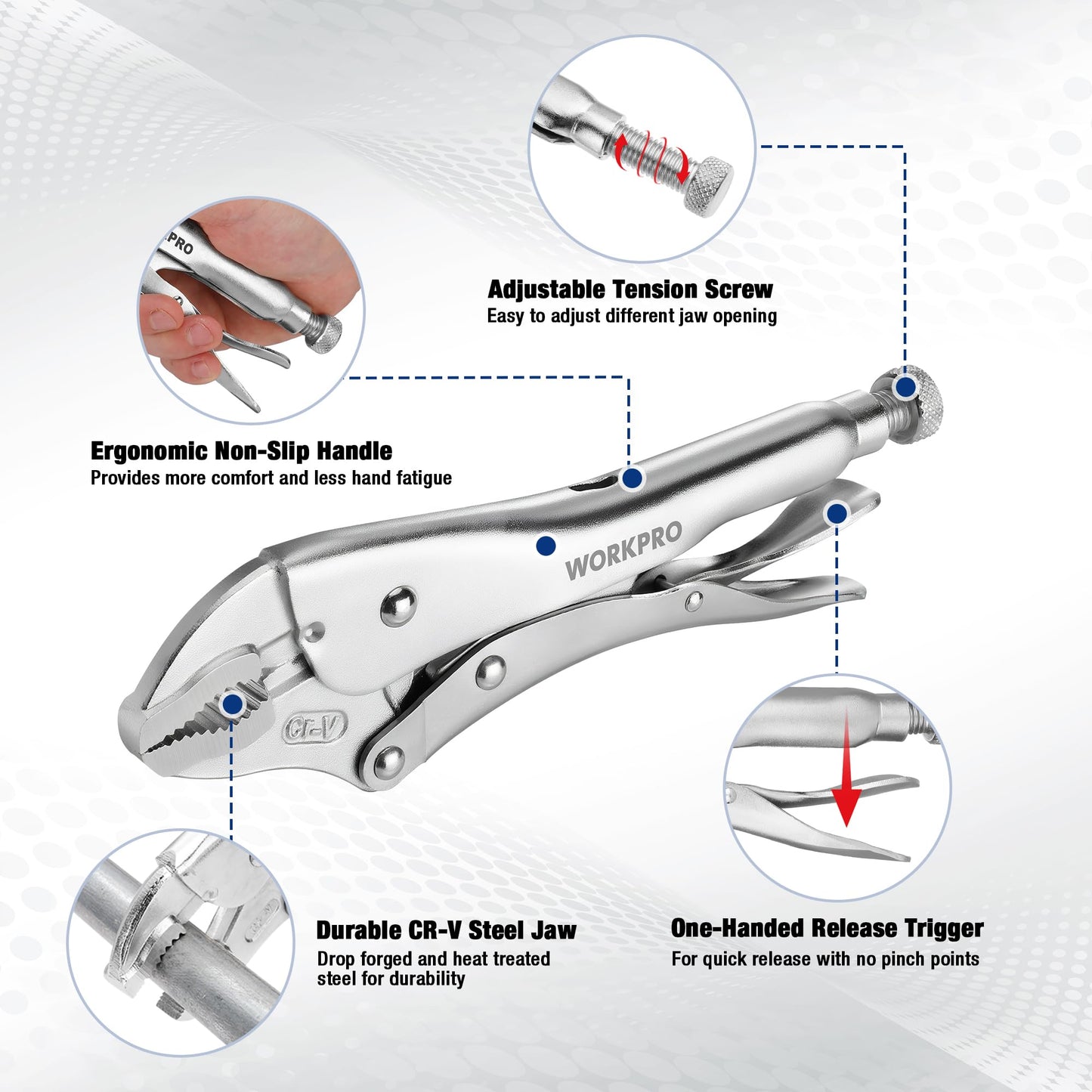 WORKPRO 5-Piece Locking Pliers Set, Pliers Tool Set, Vice Grips with Chrome-Vanadium Steel, 5/7/10 inch Curved Jaw Pliers, 6.5/9 inch Long Nose Pliers